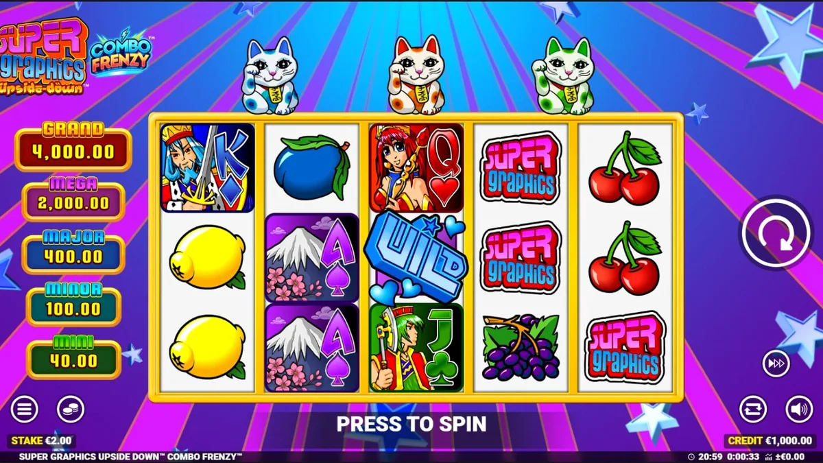 Interface colorida do slot Super Graphics Upside Down com elementos de anime e gatos da sorte