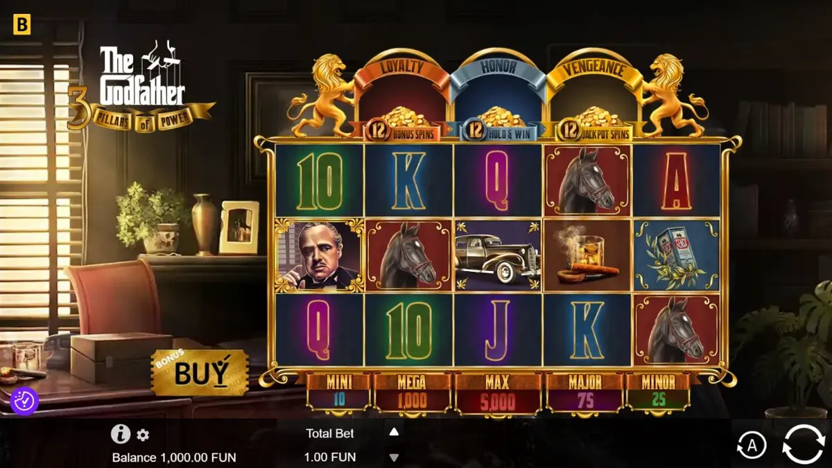 Interface do jogo The Godfather: 3 Pillars of Power com elementos temáticos da máfia